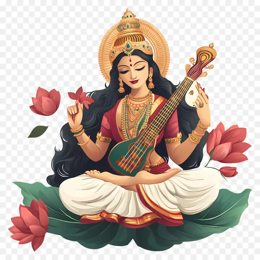 Saraswati，เทพธิดาที่มีเครื่องดนตรี PNG