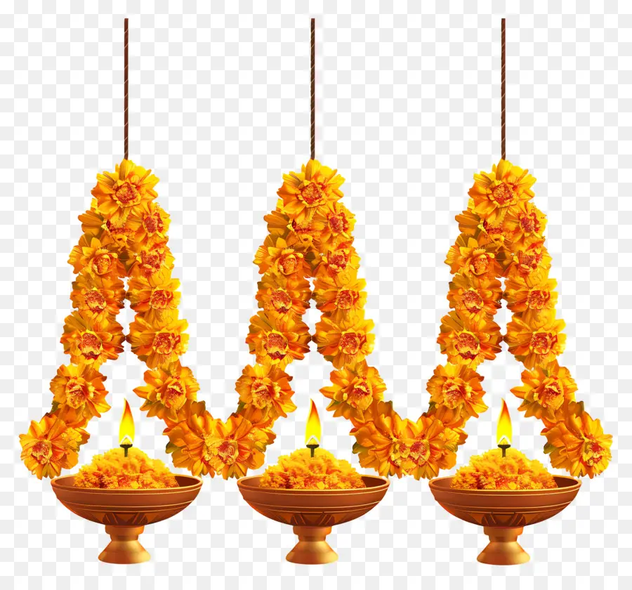 พวงมาลัย Diwali Marigold，พวงมาลัยดอกไม้สีเหลือง PNG