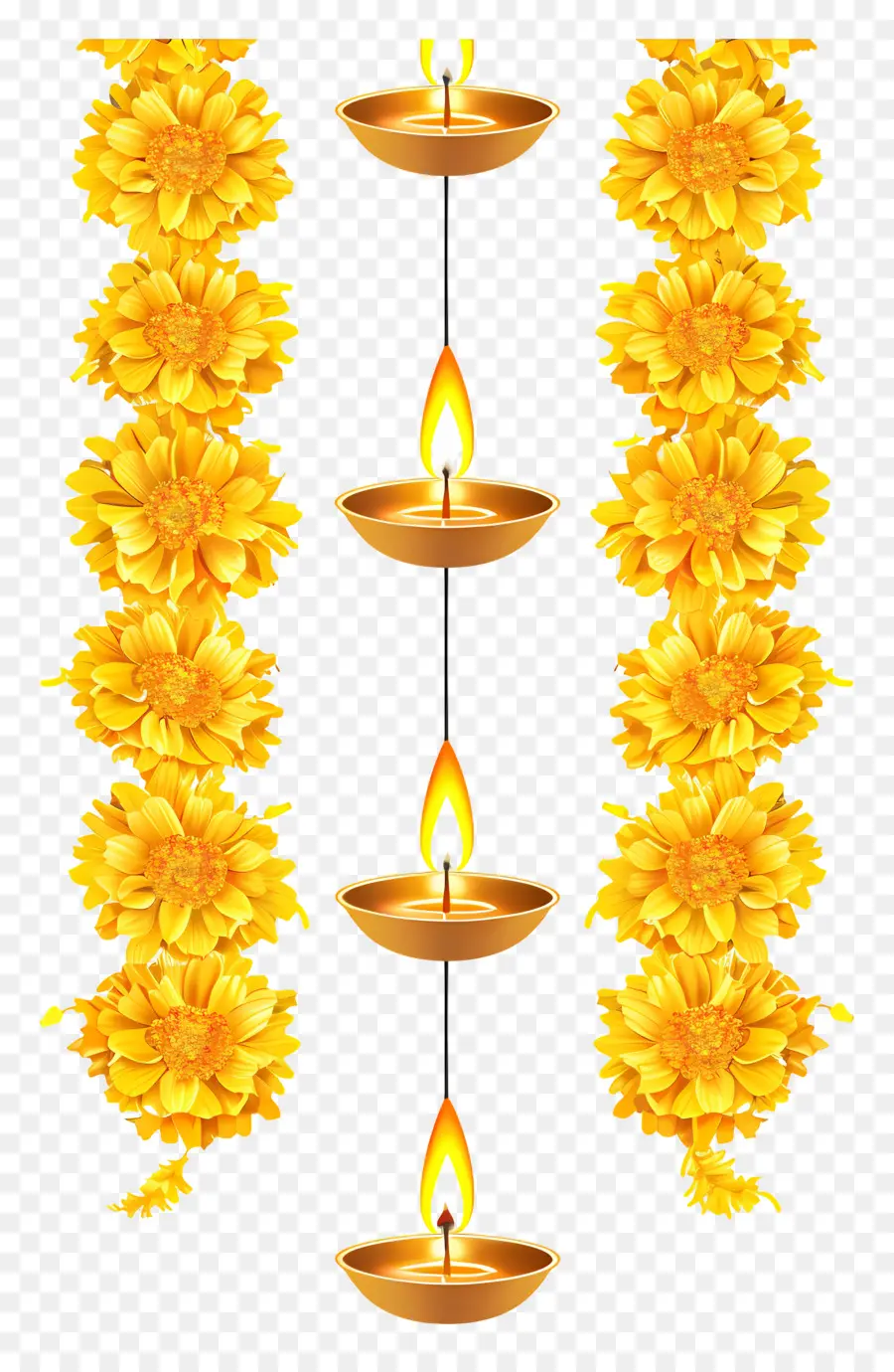 พวงมาลัย Diwali Marigold，พวงมาลัยดอกไม้สีเหลืองและโคมไฟ PNG