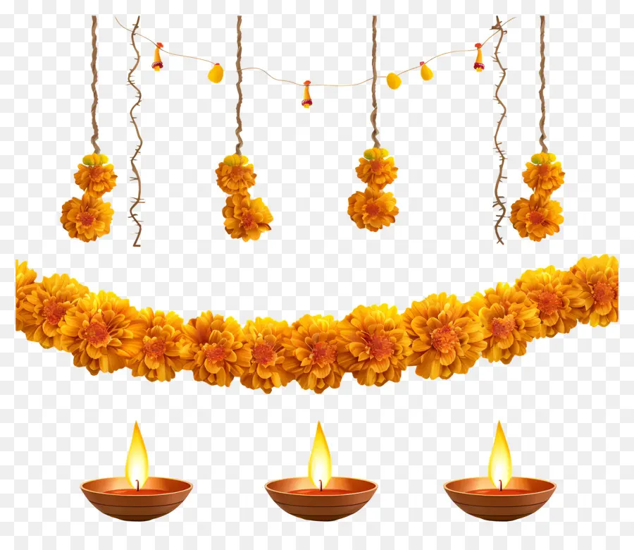 พวงมาลัย Diwali Marigold，พวงมาลัยดอกไม้สีเหลืองและโคมไฟ PNG