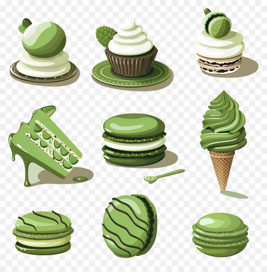 ของหวานมัทฉะ，Macarons สีเขียวและไอศกรีม PNG