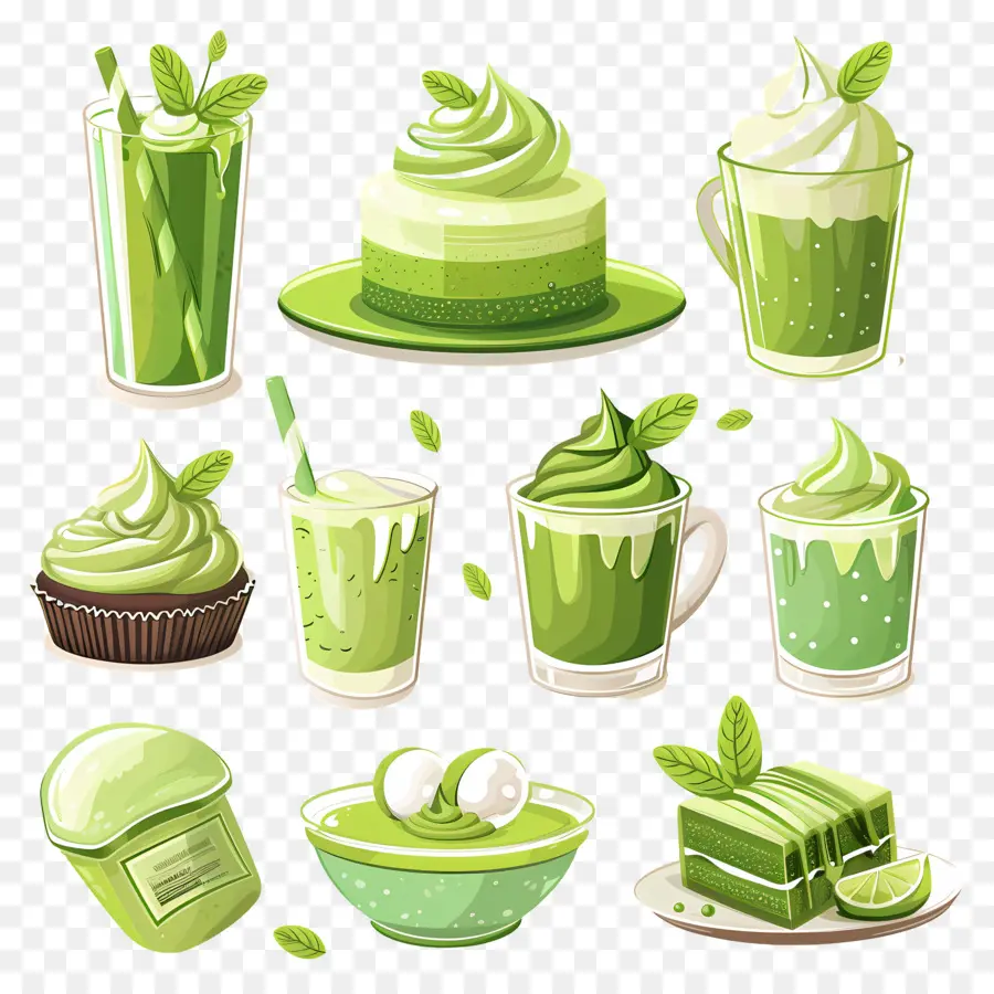 ของหวานมัทฉะ，คัพเค้กสีเขียวและ Macarons PNG