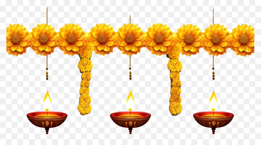 พวงมาลัย Diwali Marigold，ดอกไม้และโคมไฟสีเหลือง PNG