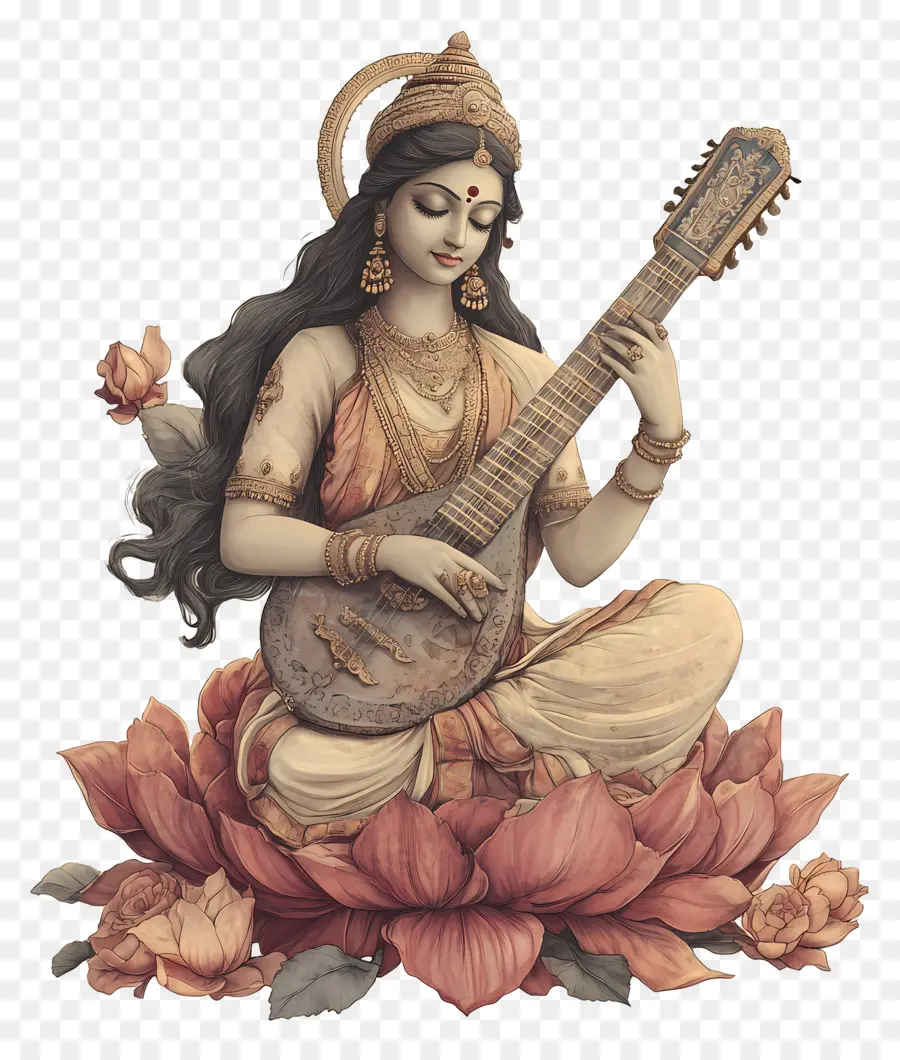 Saraswati，เทพธิดาที่มีเครื่องดนตรี PNG