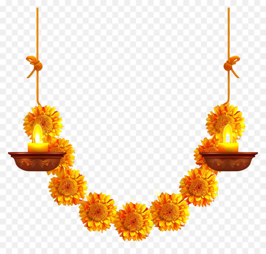 พวงมาลัย Diwali Marigold，พวงมาลัยดอกไม้ด้วยเทียน PNG