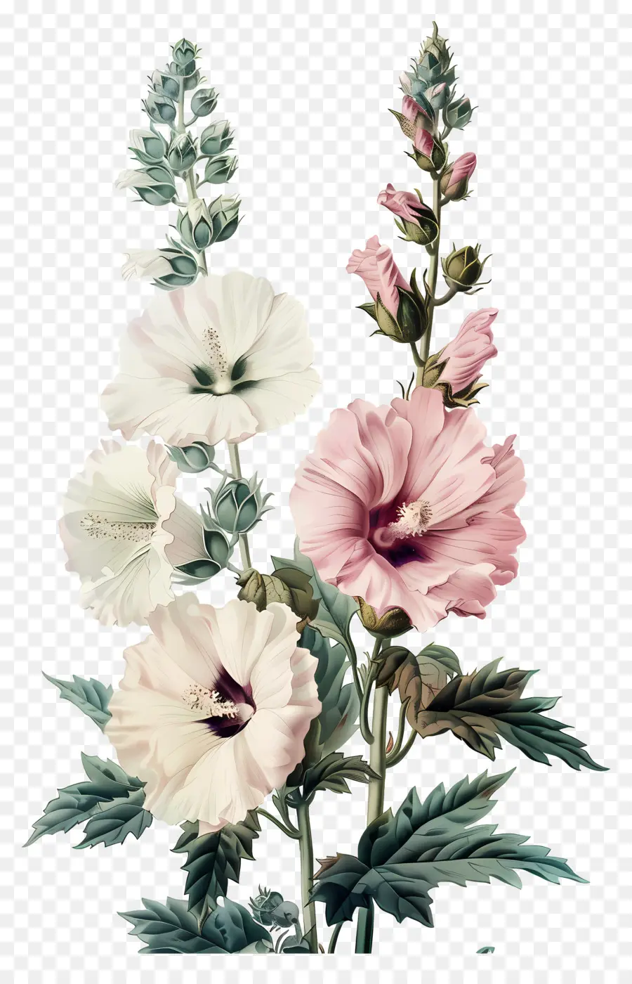 ดอกไม้โบราณ，Hollyhocks สีขาวและสีชมพู PNG