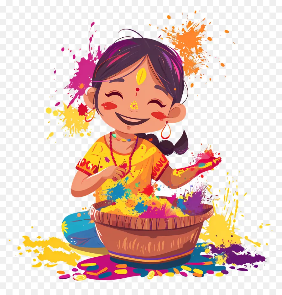 พื้นหลัง Holi，การ์ตูนสาวกับผง PNG