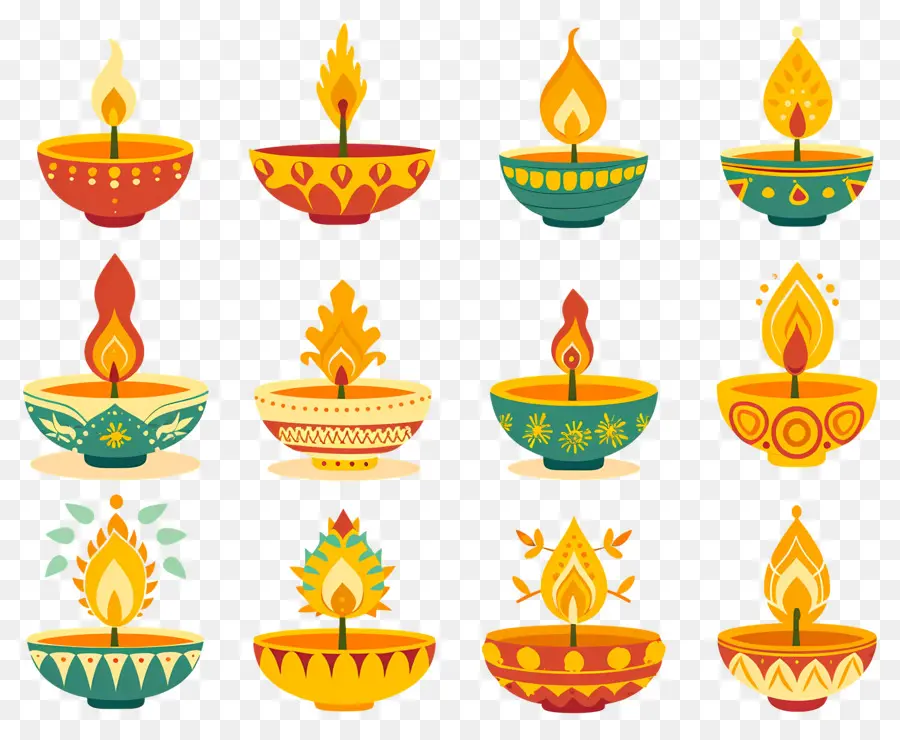 เทียน Diwali，Diya สีสันสดใส PNG