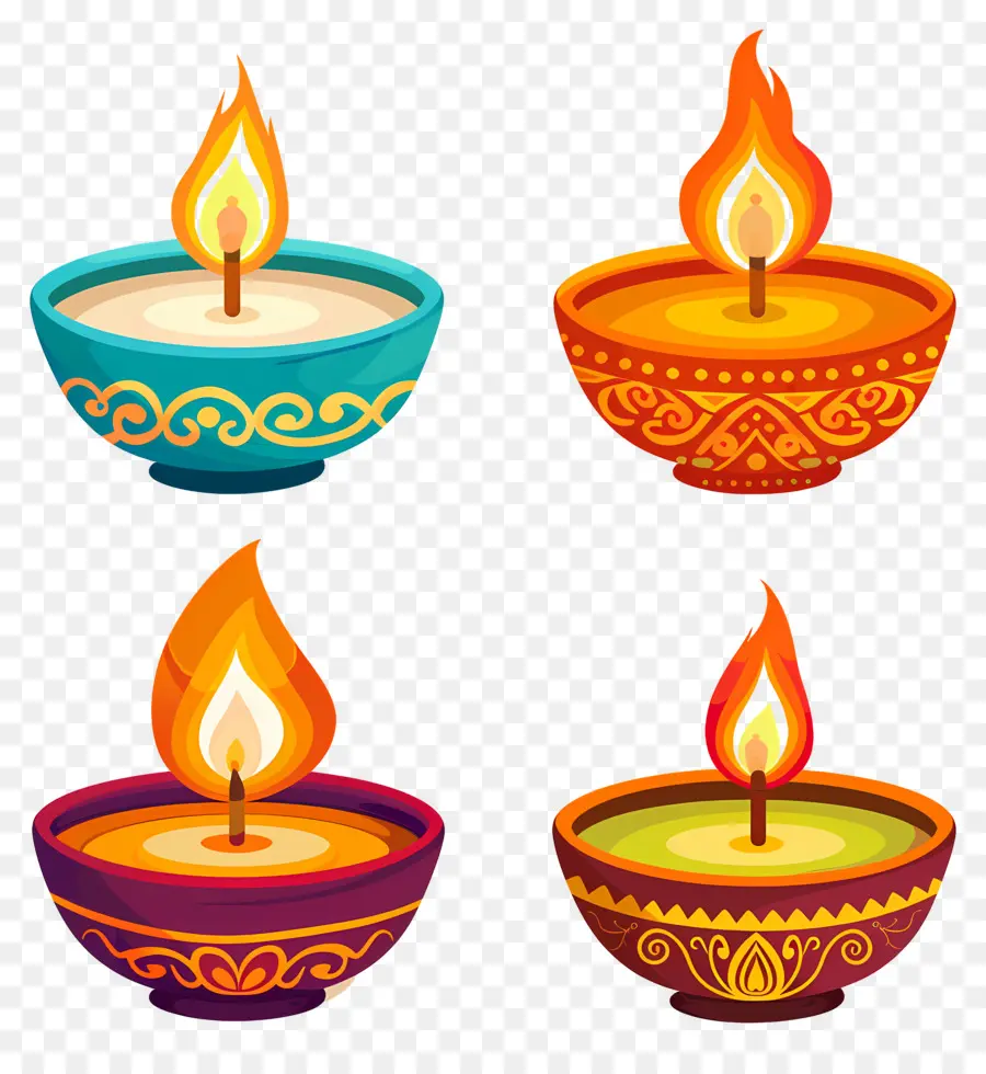 เทียน Diwali，Diyas สีสันสดใส PNG