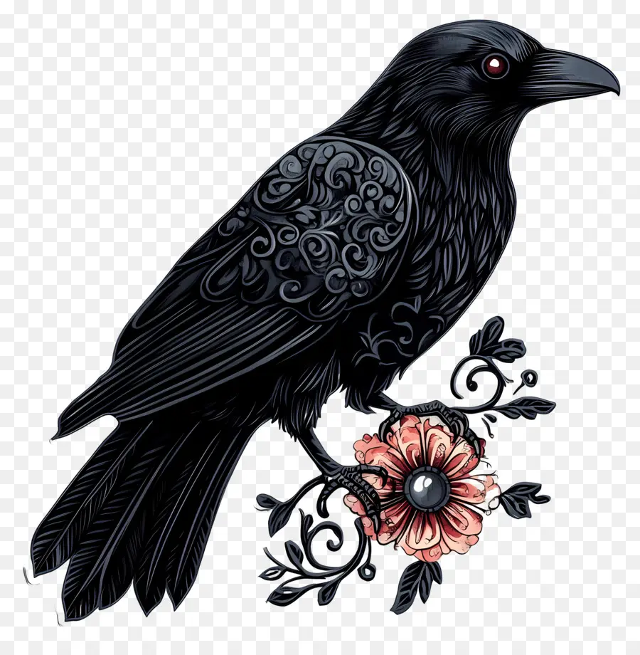 นกกาโกทิค，Raven With Flowers PNG