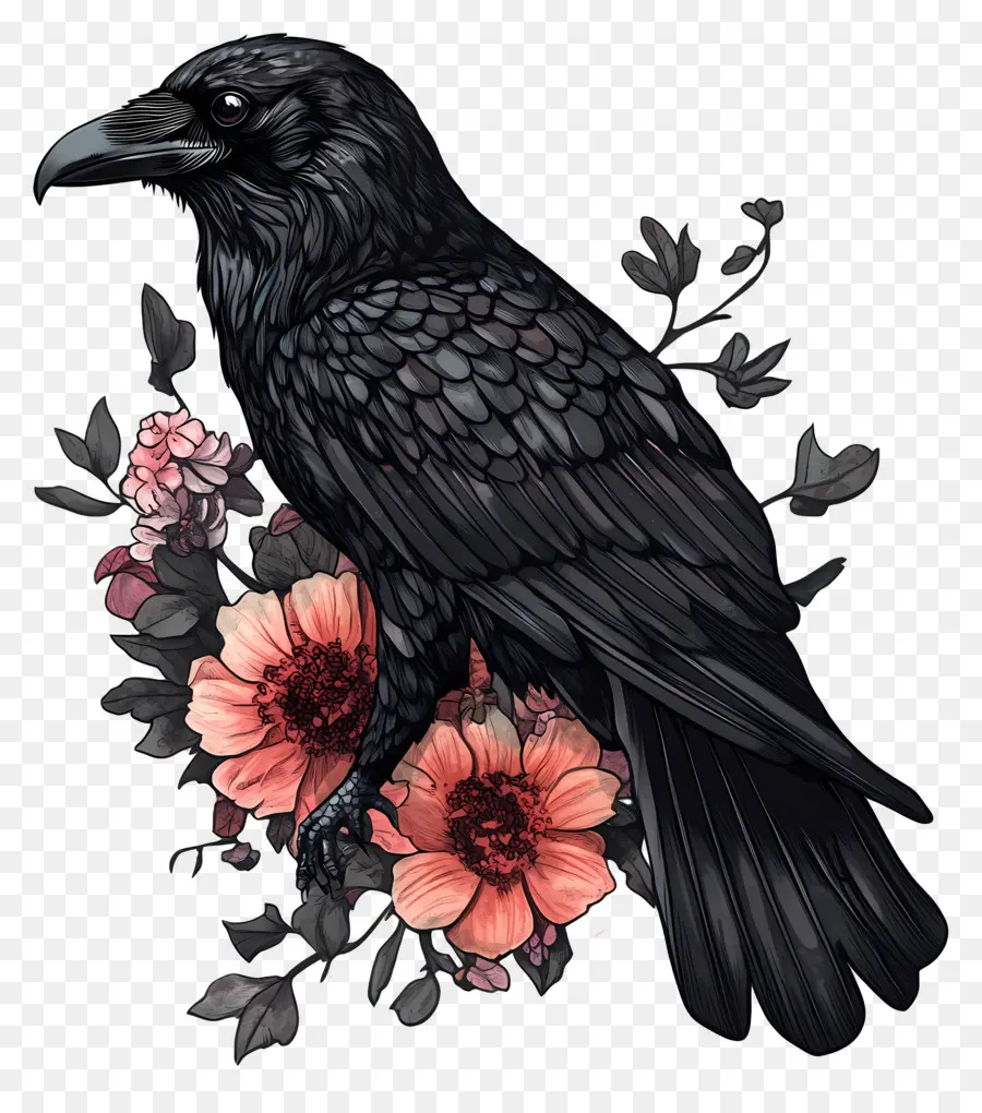 นกกาโกทิค，Raven With Flowers PNG