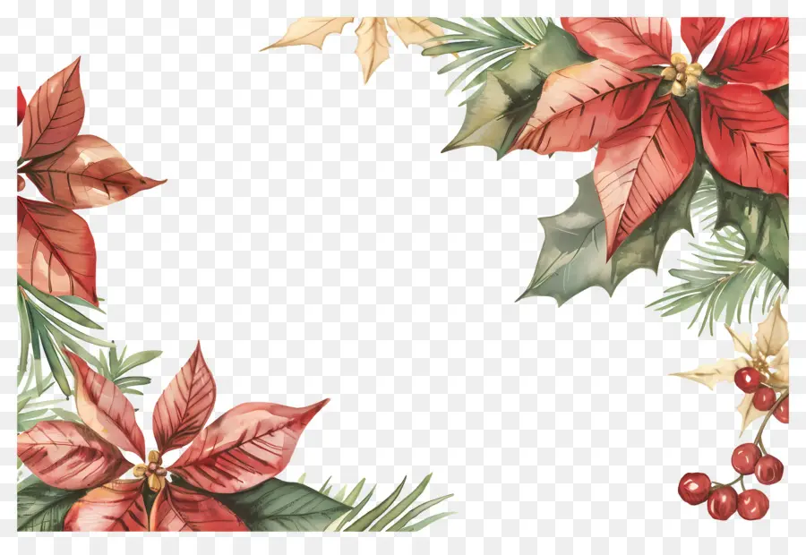 มุมคริสต์มาส，กรอบคริสต์มาสพร้อมของขวัญและ Poinsettias PNG