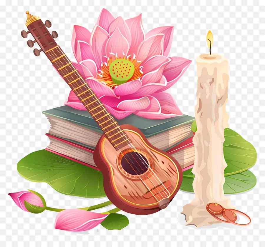 Saraswati Puja，กีตาร์และดอกบัว PNG