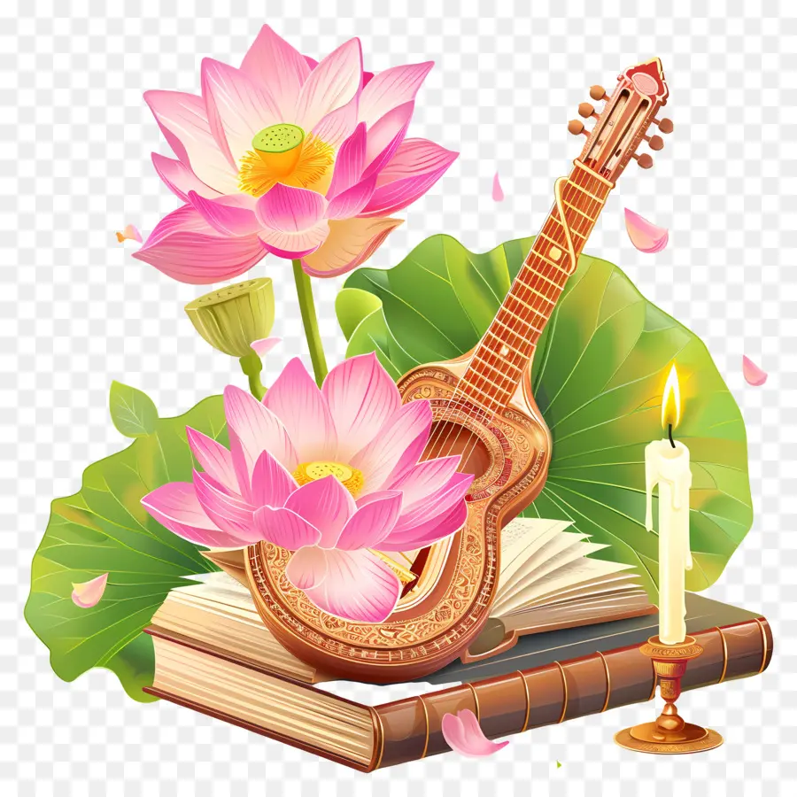 Saraswati Puja，กีตาร์และดอกบัว PNG