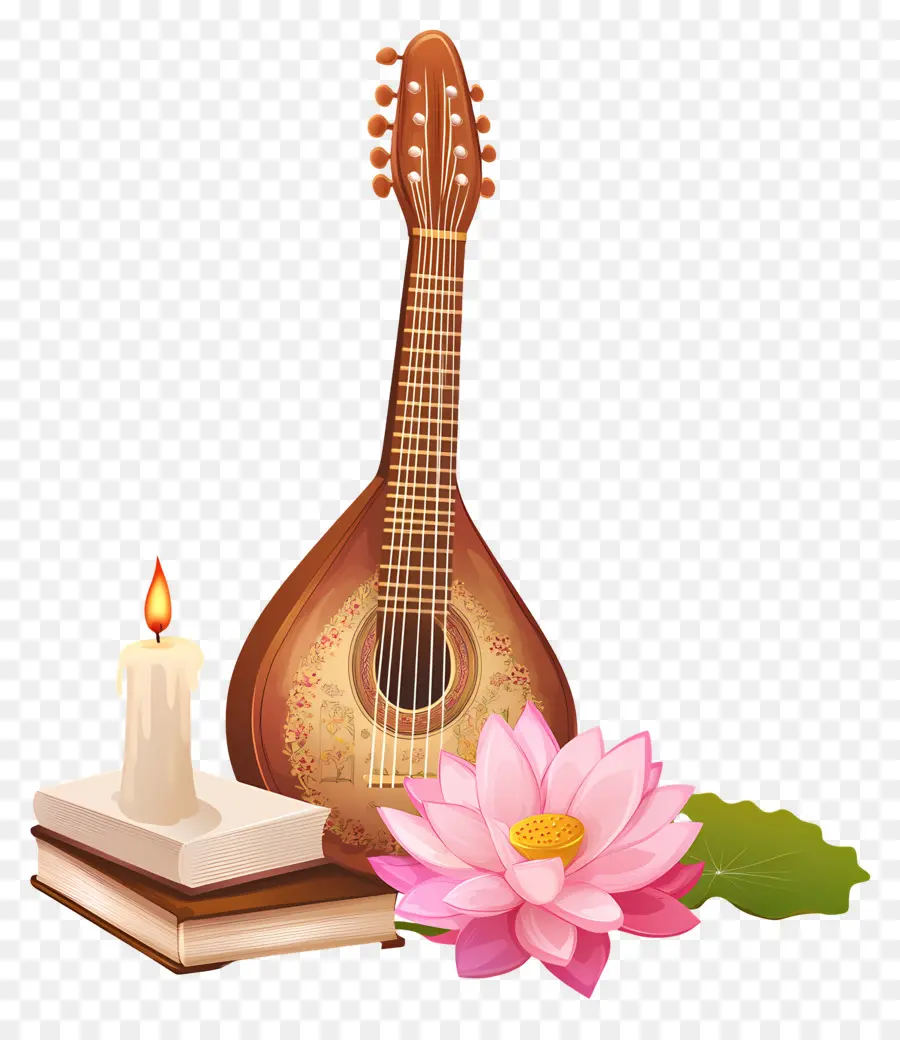 Saraswati Puja，กีตาร์และดอกบัว PNG