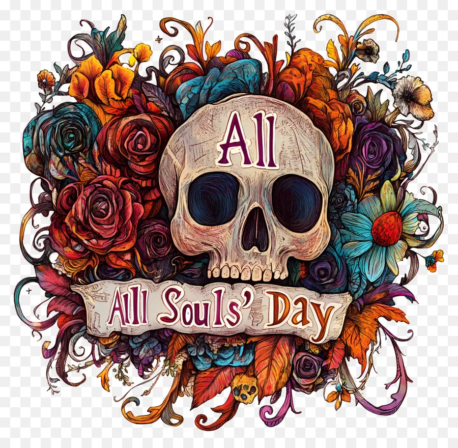 All Souls Day，กะโหลกศีรษะกับดอกไม้ PNG