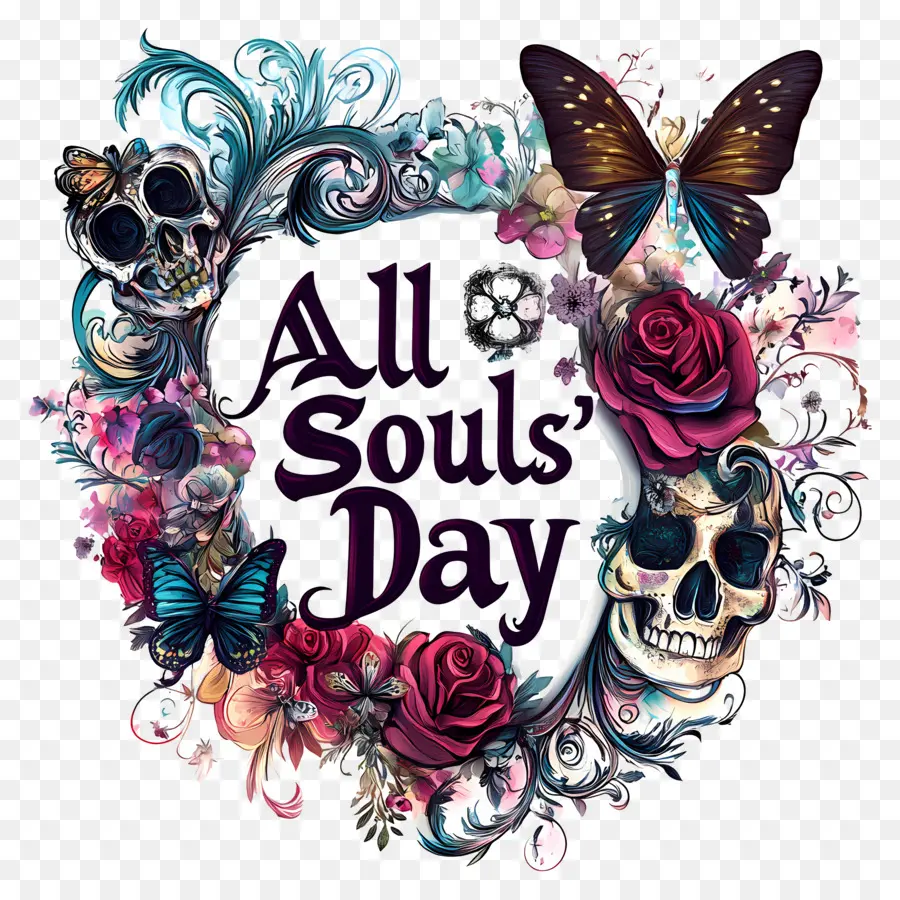 All Souls Day，กะโหลกศีรษะกับดอกกุหลาบและผีเสื้อ PNG