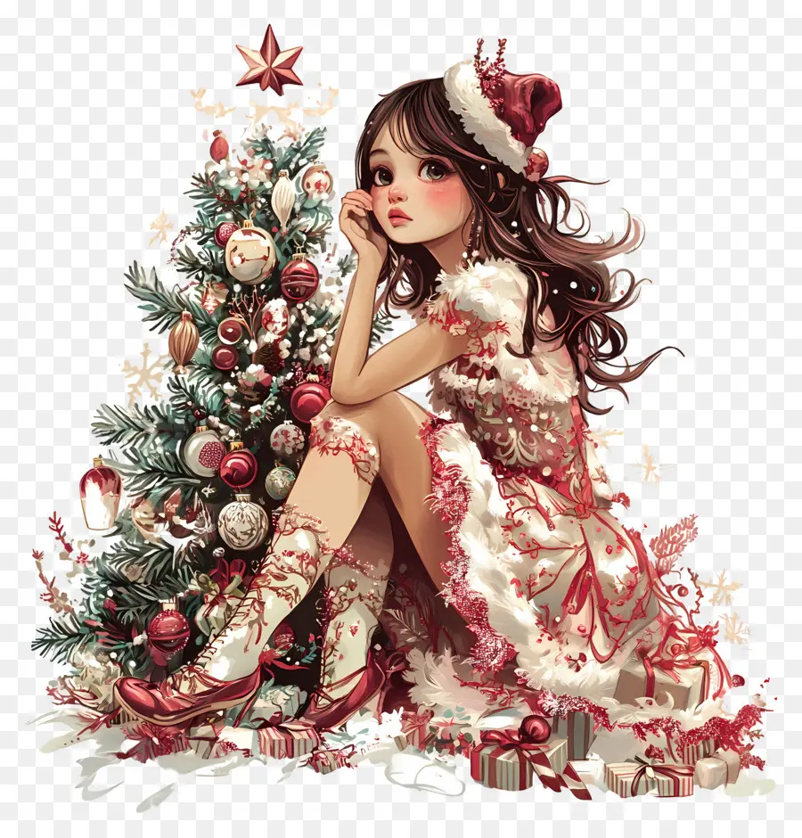 Girly Christmas，สาวกับหมวกซานต้า PNG