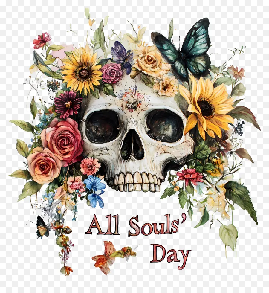 All Souls Day，กะโหลกศีรษะกับดอกทานตะวันและผีเสื้อ PNG