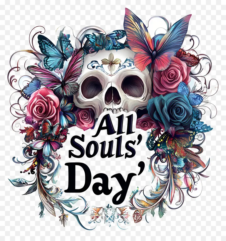 All Souls Day，กะโหลกศีรษะกับดอกกุหลาบและผีเสื้อ PNG