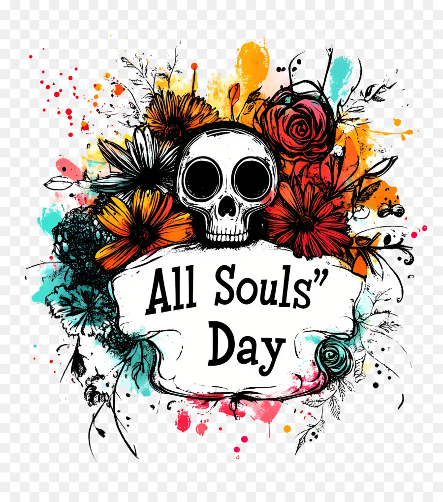 All Souls Day，กะโหลกศีรษะกับดอกไม้ PNG