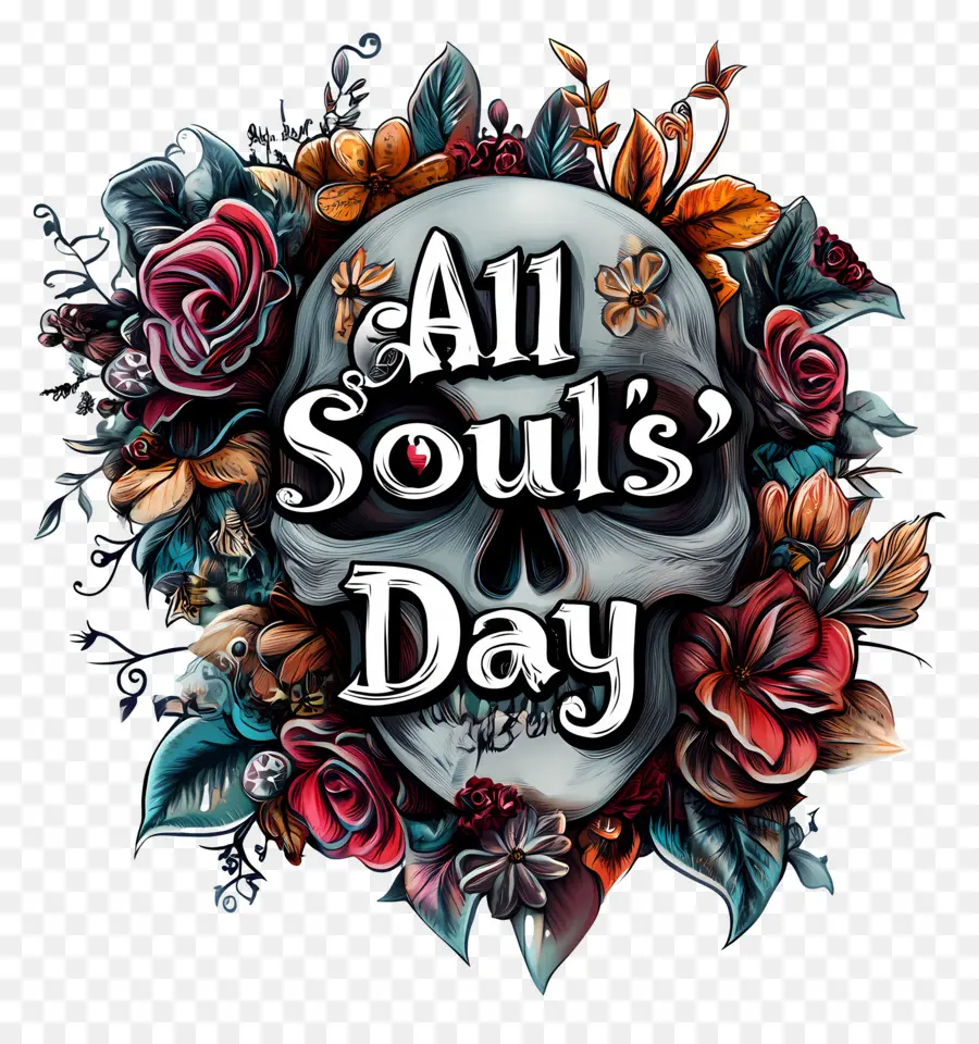 All Souls Day，กะโหลกศีรษะกับดอกไม้ PNG