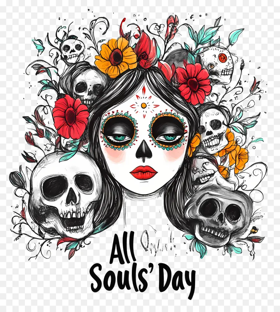 All Souls Day，ผู้หญิงที่มีกะโหลกและดอกไม้ PNG