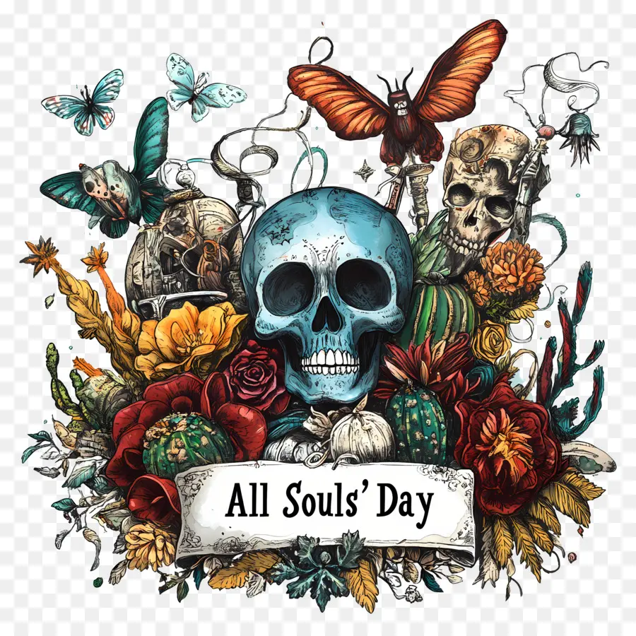 All Souls Day，กะโหลกศีรษะกับดอกไม้ PNG