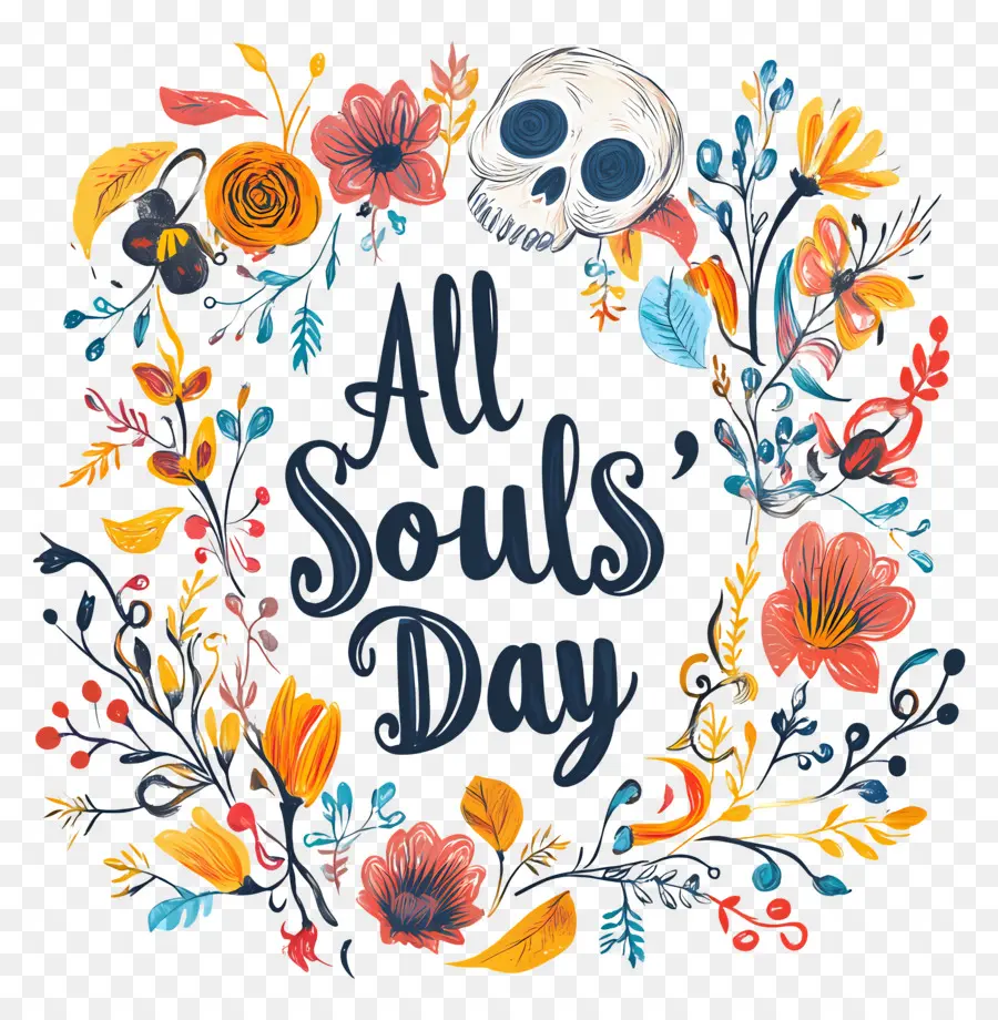 All Souls Day，พวงหรีดดอกไม้กับกะโหลกศีรษะ PNG