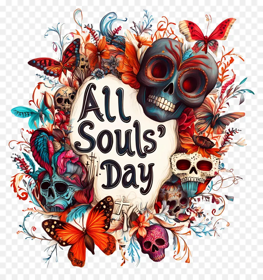 All Souls Day，กะโหลกศีรษะกับผีเสื้อ PNG