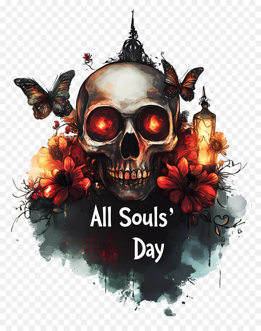 All Souls Day，กะโหลกศีรษะกับดอกไม้และผีเสื้อ PNG