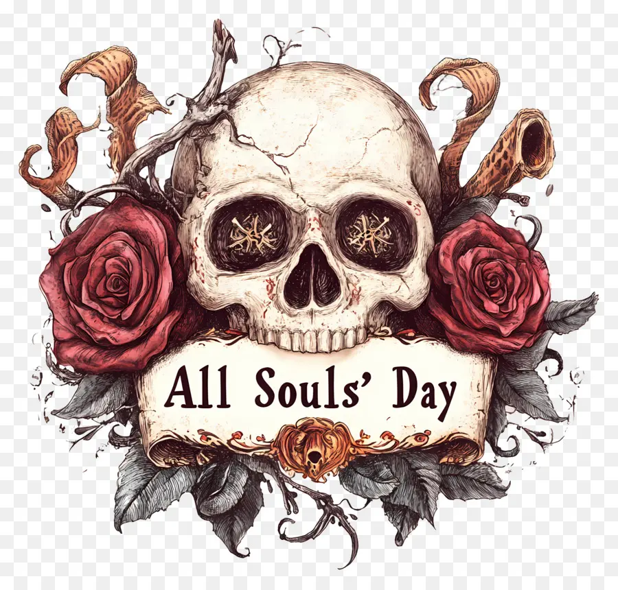 All Souls Day，กะโหลกศีรษะกับดอกกุหลาบ PNG