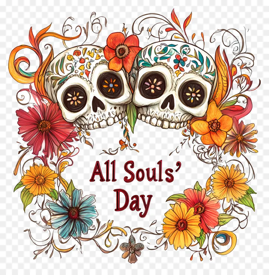 All Souls Day，กะโหลกตกแต่งด้วยดอกไม้ PNG