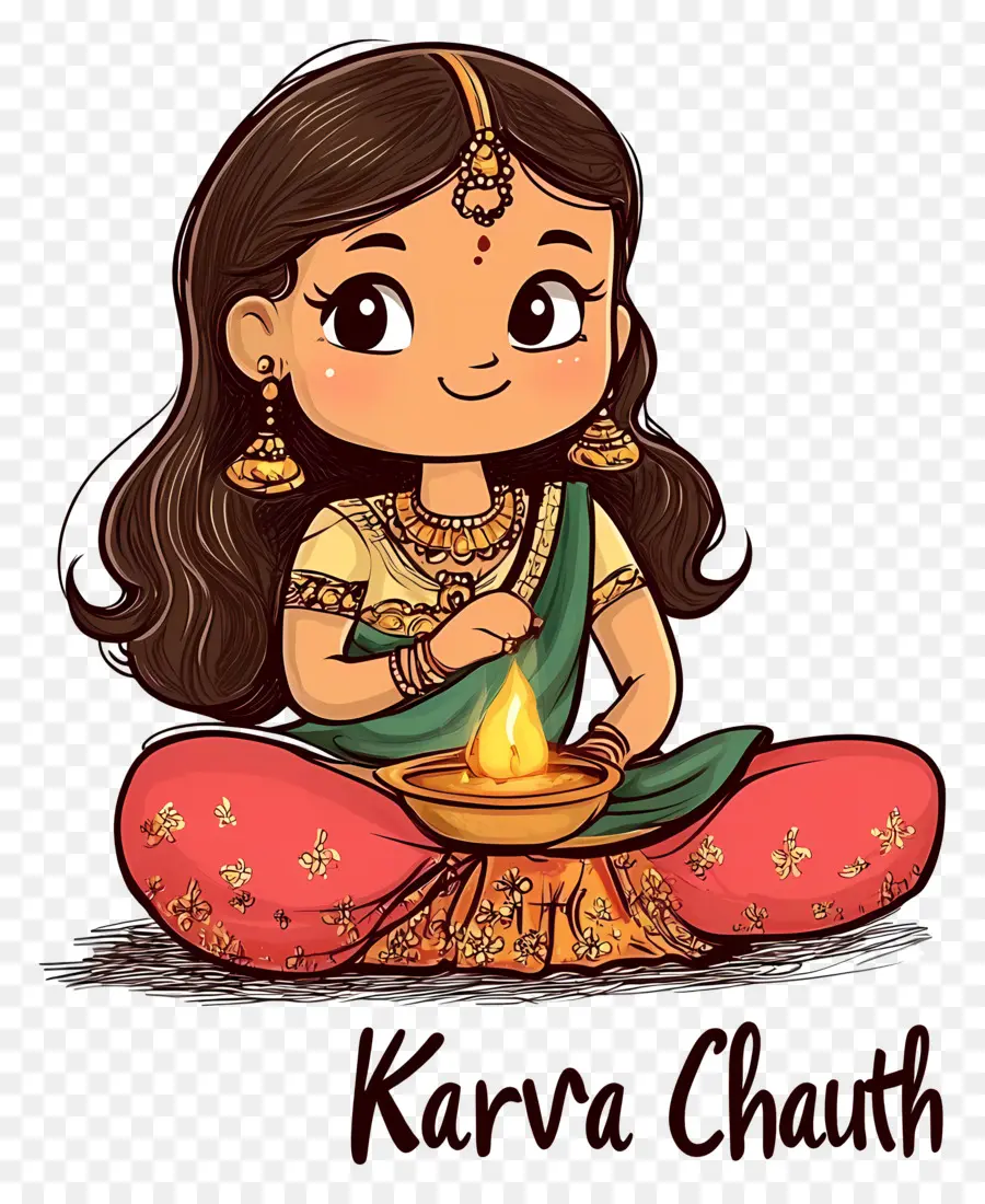 Karva Chauth，การ์ตูนสาวกับโคมไฟ PNG