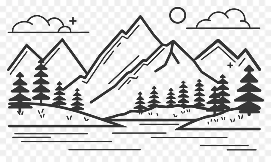 เค้าโครงภูเขา，Line Art Mountain Scene PNG