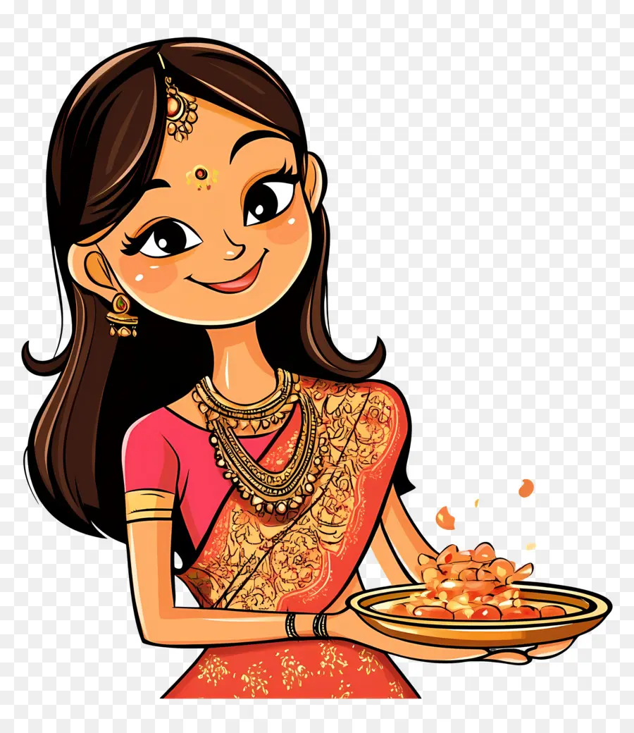 Karva Chauth，ผู้หญิงการ์ตูนในชุดแบบดั้งเดิม PNG