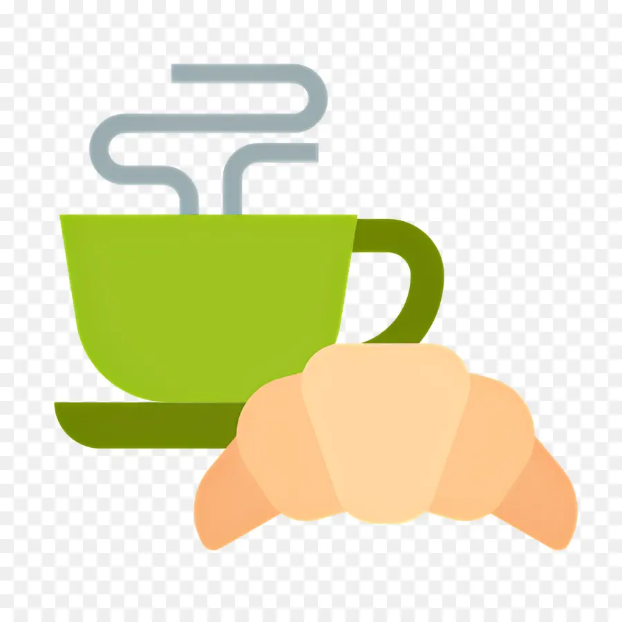 กาแฟเช้า，ถ้วยสีเขียวและครัวซองต์ PNG