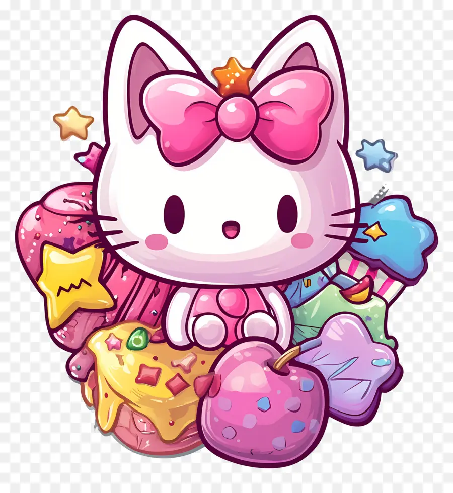 สติกเกอร์ Hello Kitty，แมวสีชมพูกับดวงดาว PNG