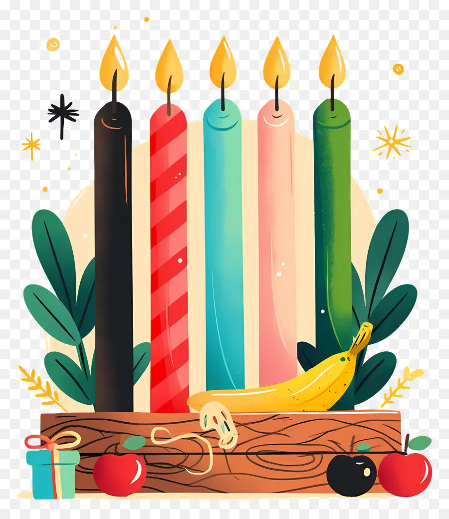 Happy Kwanzaa，เทียนและผลไม้สีสันสดใส PNG