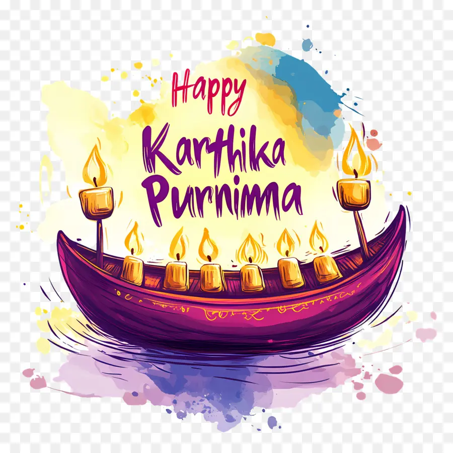 Happy Karthika Purnima，เรือสีสันสดใสพร้อมเทียน PNG