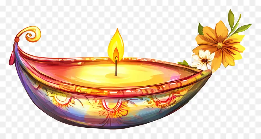 Happy Karthika Purnima，Diya สีสันสดใสกับดอกไม้ PNG