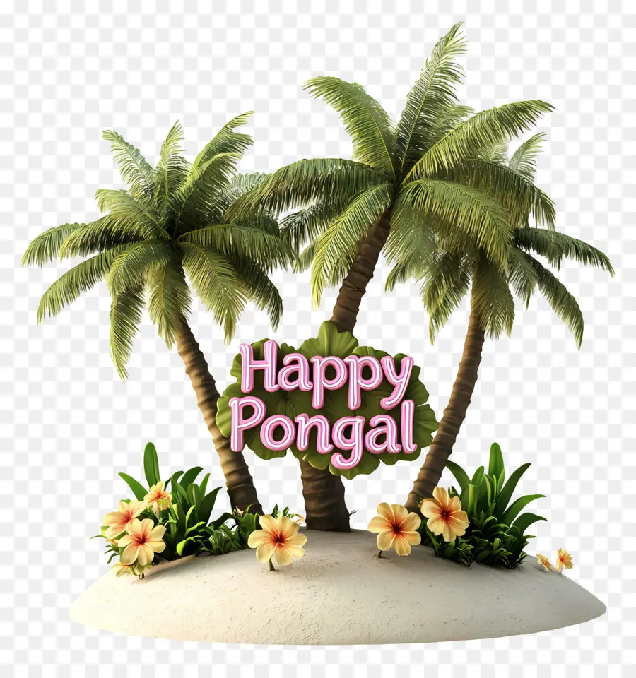 Pongal มีความสุข，ต้นปาล์มและดอกไม้ PNG