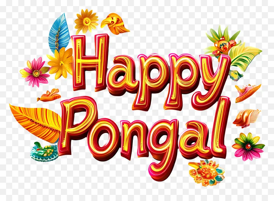 Pongal มีความสุข，ข้อความด้วยดอกไม้ PNG