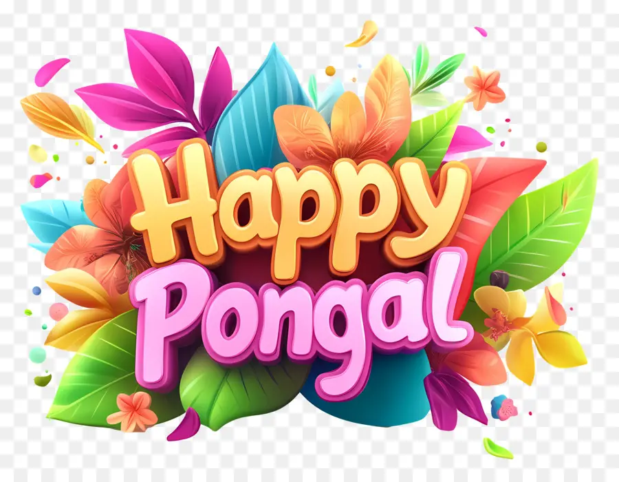 Pongal มีความสุข，ดอกไม้และใบไม้สีสันสดใส PNG