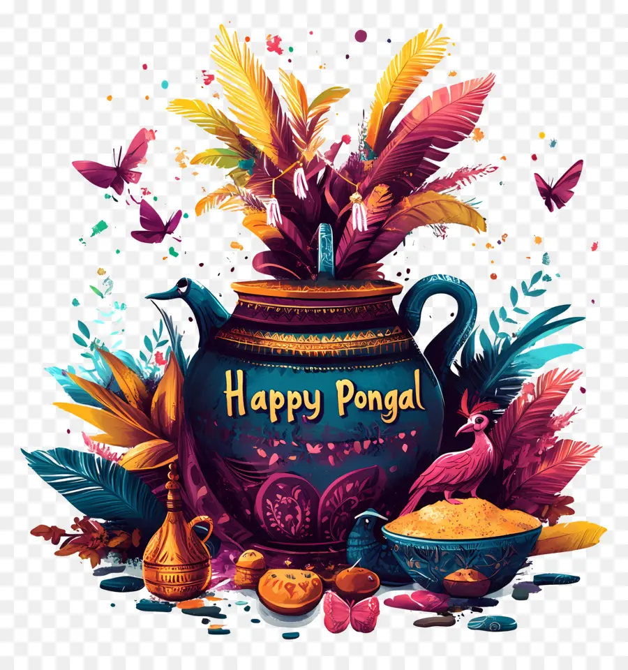 Pongal มีความสุข，หม้อตกแต่งด้วยขนนก PNG