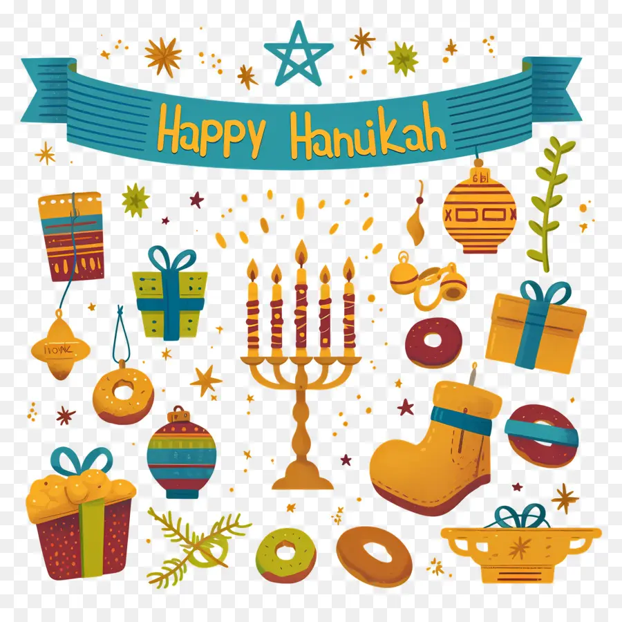 Hanukkah มีความสุข，ของขวัญ Hanukkah และ Menorah PNG