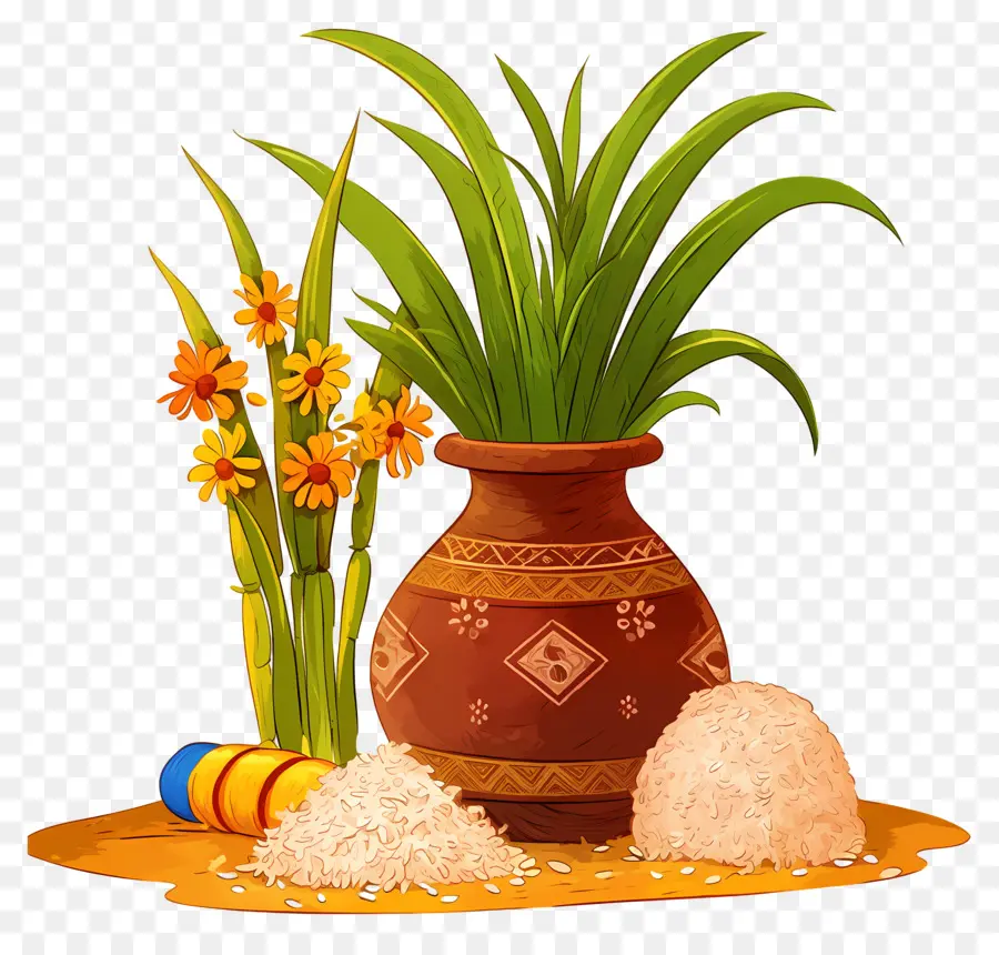 Pongal สามารถ，หม้อตกแต่งด้วยพืช PNG