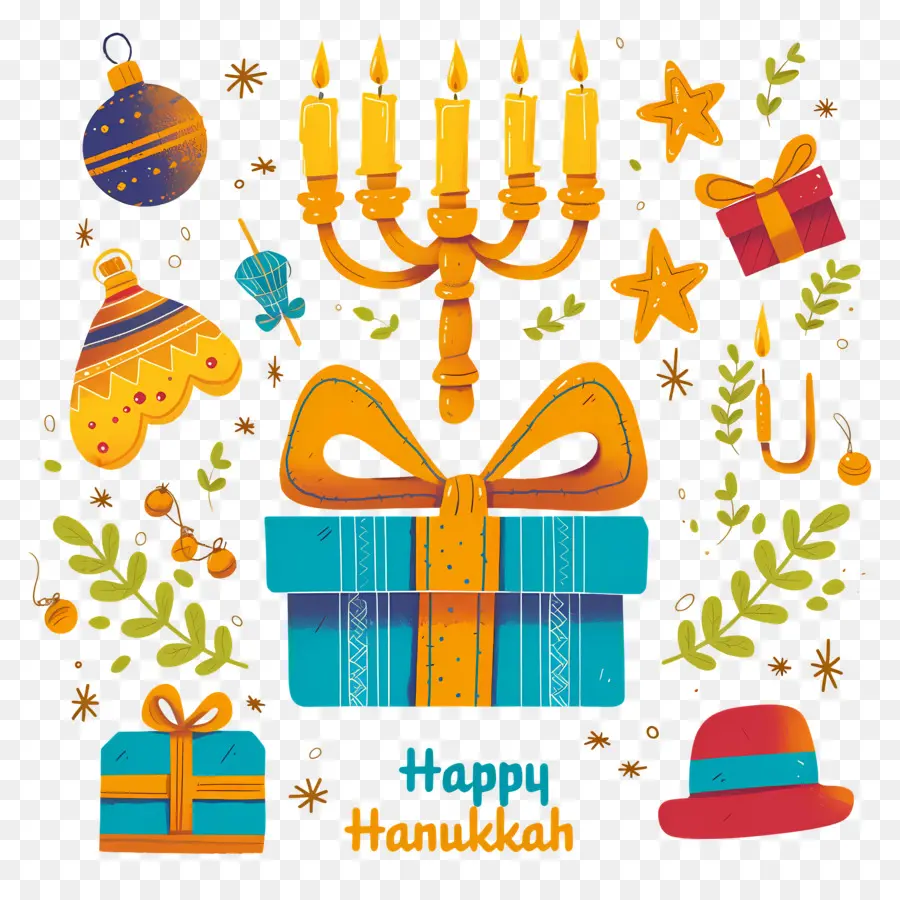 Hanukkah มีความสุข，ของขวัญ Hanukkah และ Menorah PNG