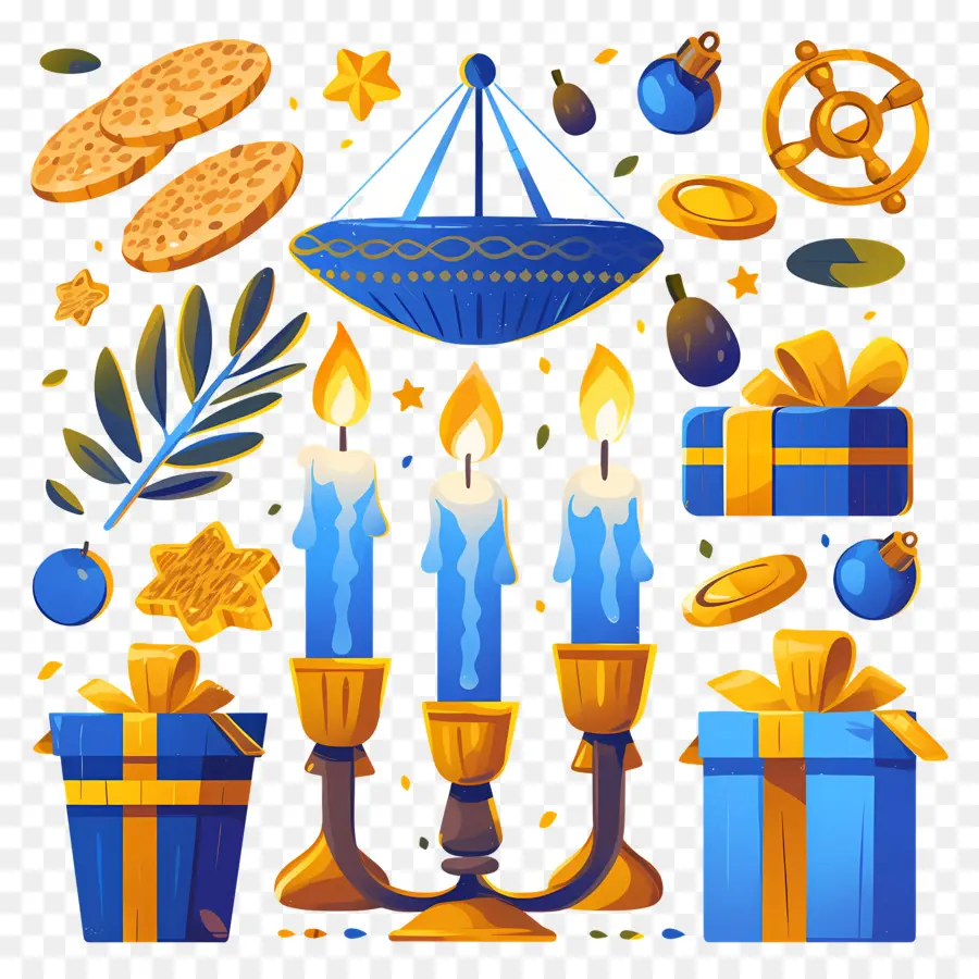 Hanukkah มีความสุข，Menorah พร้อมของขวัญ PNG