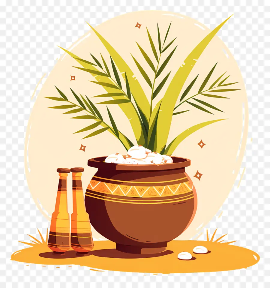 Pongal สามารถ，หม้อตกแต่งด้วยใบปาล์ม PNG